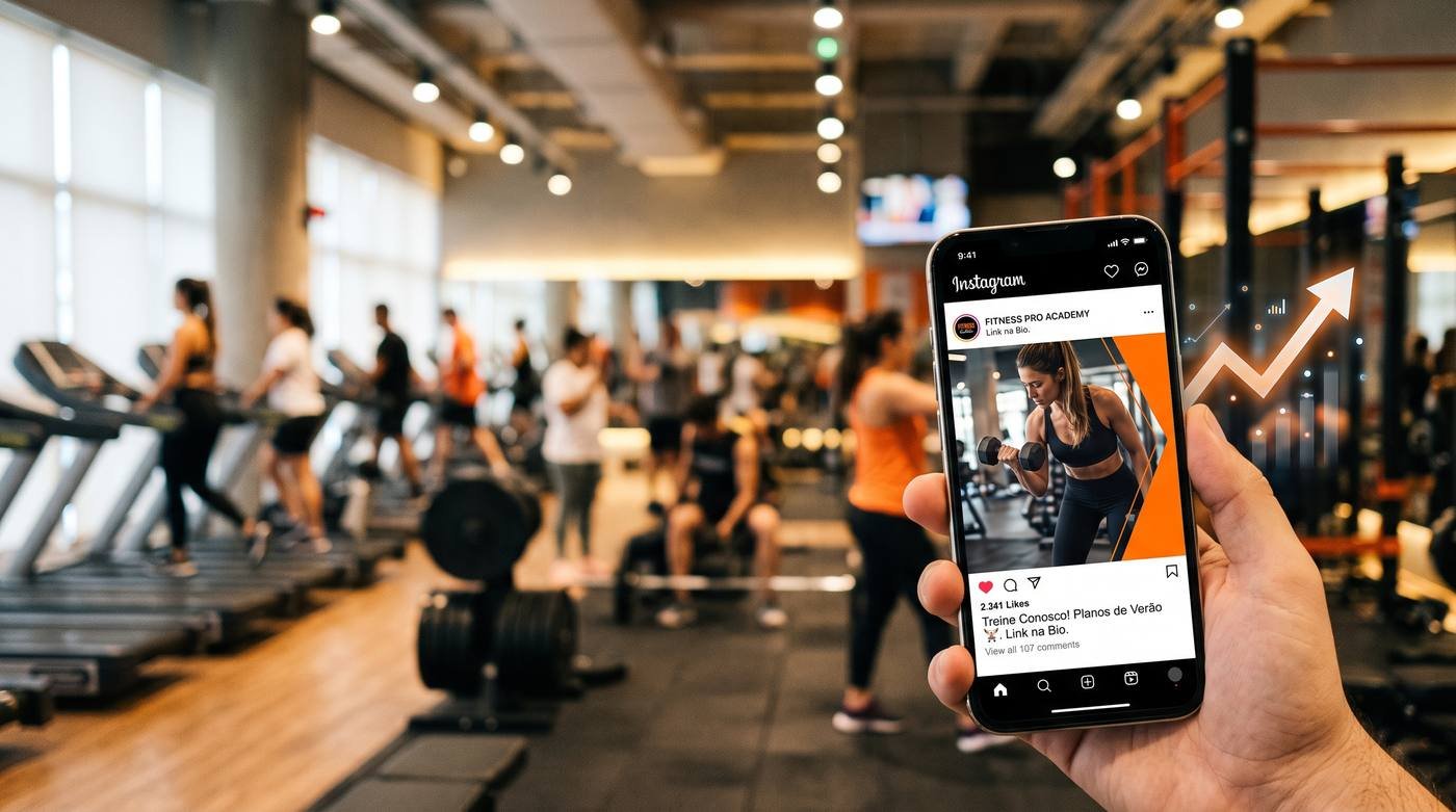 Celular mostrando um anúncio de academia no Instagram, com ambiente de treino ao fundo